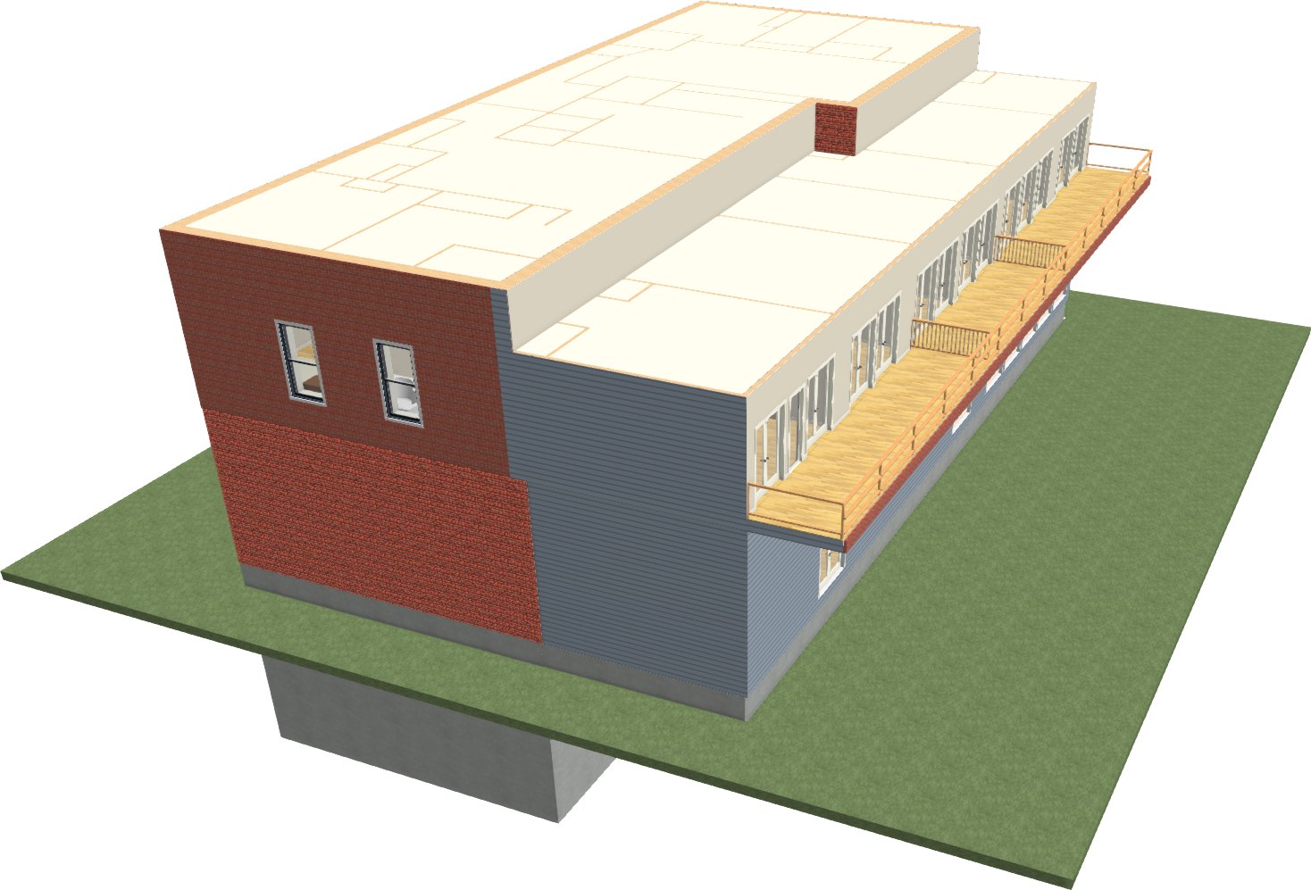 Architect's massing model of the building from above, showing the terrace running the full length of the river side with railings.