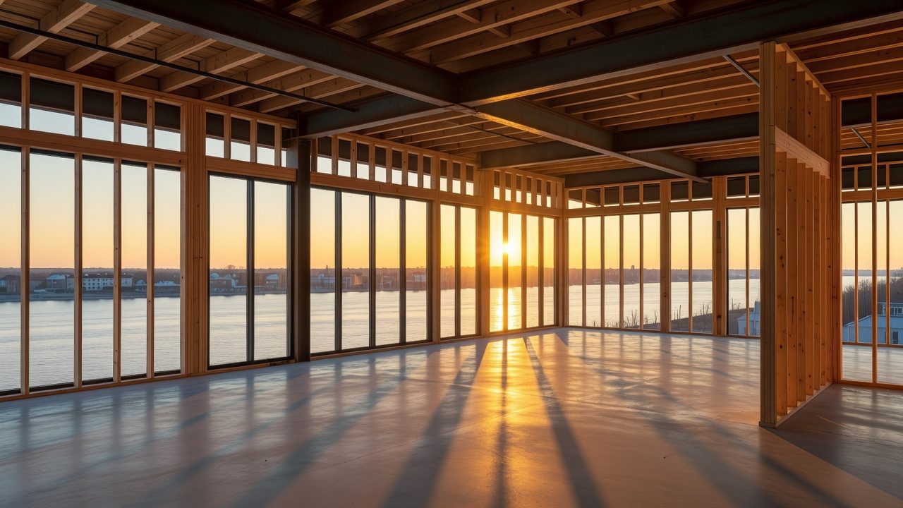 Illustration of an open unfinished upper floor with stud framing, steel beams and a wall of windows facing a river at sunset.